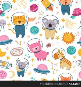 Space animals seamless pattern. Child cosmos elements, cute planets and animal astronauts. Flying fox and turtle, isolated kids neoteric vector texture. Illustration of space cosmos animal. Space animals seamless pattern. Child cosmos elements, cute planets and animal astronauts. Flying fox and turtle, isolated kids neoteric vector texture