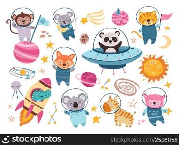 Space animals set. Panda astronaut in spaceship, cartoon animal. Dog, fox tiger in suit, crocodile in rocket explorer universe. Adventure neoteric vector set cosmonauts tiger and mouse. Space animals set. Panda astronaut in spaceship, cartoon animal. Dog, fox tiger in suit, crocodile in rocket explorer universe. Adventure neoteric vector set