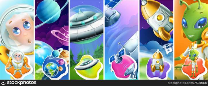 Space. Astronaut, planets, ufo, satellite, rocket, alien. 3d vector icon set