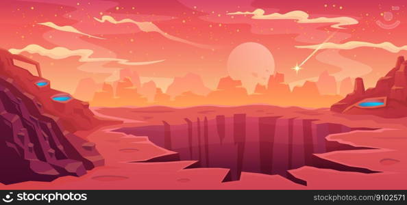 Space background alien fantastic landscape with rocks and a large crater, empty surface of the red planet Mars, cloudy sky and falling comet, computer game background, vector cartoon illustration. Space background alien fantastic landscape with rocks and a large crater, empty surface of the red planet Mars, cloudy sky and falling comet, computer game background, vector cartoon illustration.