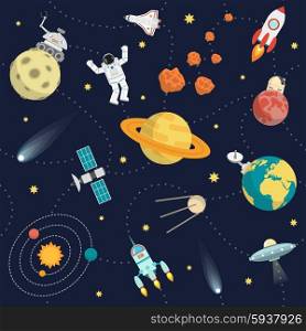 Space background flat with stars planets and astronaut vector illustration. Space Background Flat