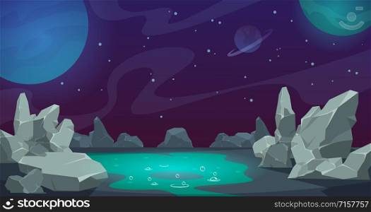 Space background. Game UI cartoon planet landscape, desert with rocks and stones. Vector abstract cartoon alien cosmic backdrop with fluid with bubbles, stars and clouds. Space background. Game UI cartoon planet landscape, desert with rocks and stones. Vector alien cosmic backdrop with stars and clouds