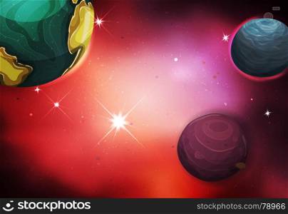 Space Background. Illustration of a cartoon starry space landscape with alien moons, asteroids and planet for sci-fi background