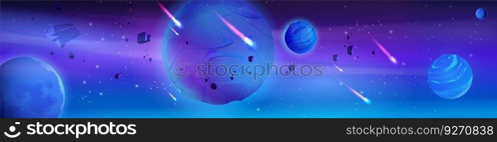 Space background with alien planets floating in sky, comets with neon light tails, rocky meteorites, stones falling. Vector cartoon illustration of cosmic adventure game universe. Dangerous galaxy. Space background with alien planets, meteorites