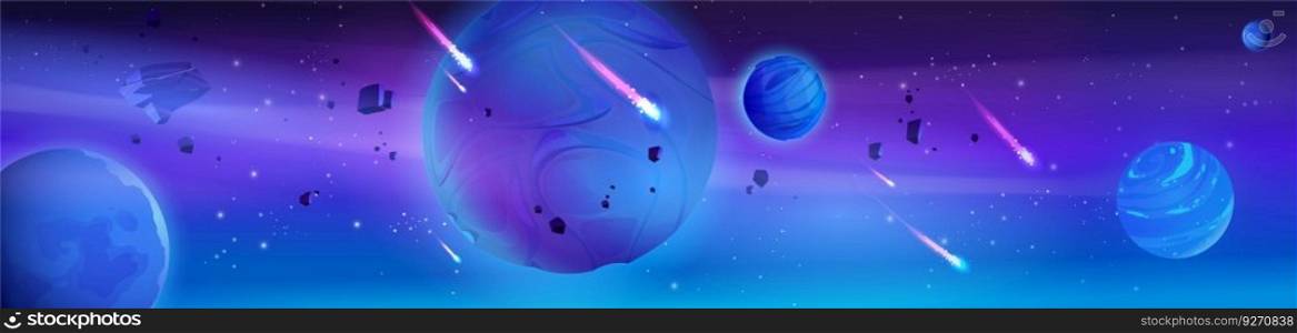 Space background with alien planets floating in sky, comets with neon light tails, rocky meteorites, stones falling. Vector cartoon illustration of cosmic adventure game universe. Dangerous galaxy. Space background with alien planets, meteorites