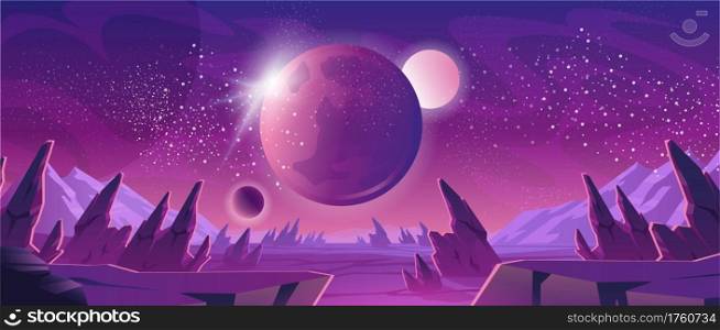 Space background with purple planet landscape, stars, satellites and alien planets in sky. Vector cartoon fantasy illustration of cosmos, cracked stone surface with rocks and mountains. Space background with planet landscape and stars