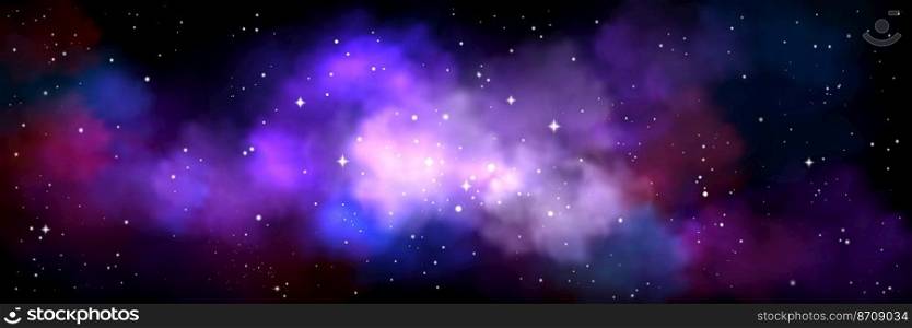 Space background with realistic nebula and shining stars. Colorful purple and blue cosmos with stardust and milky way. Infinite universe and starry night sky, Magic galaxy world, Vector illustration. Space background with realistic nebula and stars
