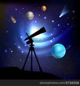 Space background with telescope planets comets and stars vector illustration
