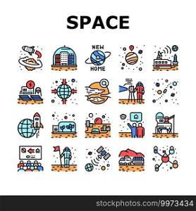 Space Base New Home Collection Icons Set Vector. Space Base Construction And Greenhouse, Planet Colonization And Building City Concept Linear Pictograms. Contour Color Illustrations. Space Base New Home Collection Icons Set Vector