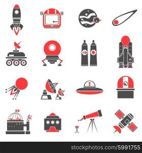 Space black and red icons set with comet spaceship satellite isolated vector illustration. Space Icons Set