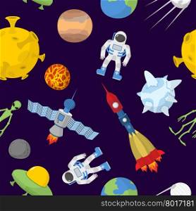 Space cartoon seamless pattern. Vector background. Astronaut and rocket&#xA;
