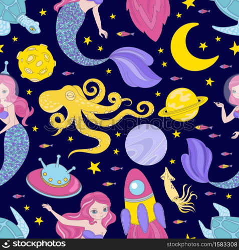 SPACE CLOTH Cosmos Mermaid Princess Seamless Pattern Vector