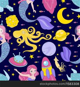 SPACE CLOTH Cosmos Mermaid Princess Seamless Pattern Vector