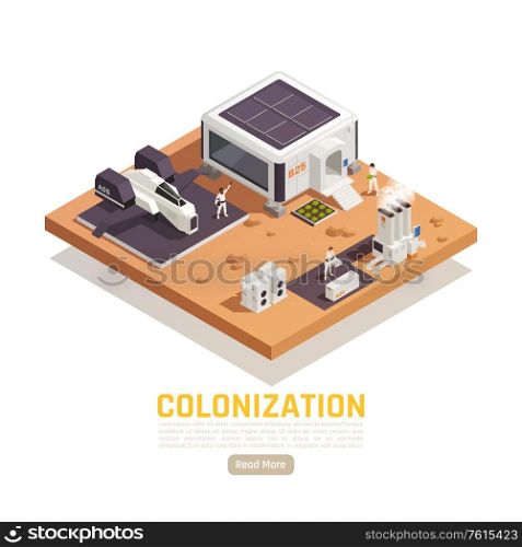 Space colonization terraforming isometric background with buildings on planet surface and human characters with flying vehicle vector illustration