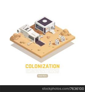 Space colonization terraforming isometric background with editable text read more button and people on extraterrestrial surface vector illustration