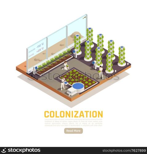 Space colonization terraforming isometric background with people gardening earth plants in hothouse building with extraterrestrial environment vector illustration