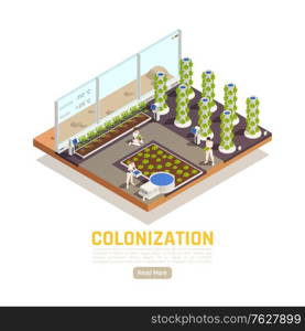 Space colonization terraforming isometric background with people gardening earth plants in hothouse building with extraterrestrial environment vector illustration