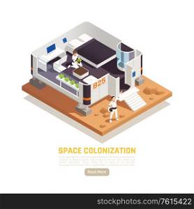 Space colonization terraforming isometric background with view of living module with people editable text and button vector illustration