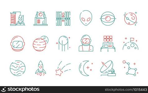 Space colored icon. Astronomy collection universe discovery astronaut alien shuttle rocket lunar radar vector futuristic symbols. Outline astronaut and alien, launch station illustration. Space colored icon. Astronomy collection universe discovery astronaut alien shuttle rocket lunar radar vector futuristic symbols