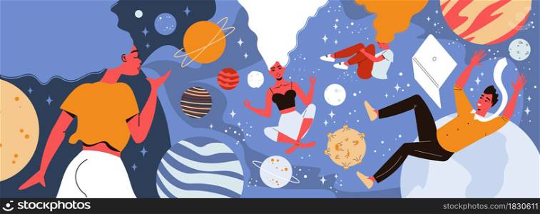 Space composition with conceptual view of people floating in space of their minds with planet images vector illustration. People In Space Composition
