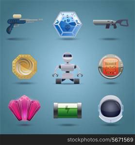 Space computer game play elements icons set isolated vector illustration