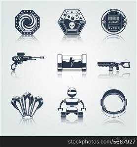 Space computer game play menu buttons black icons set isolated vector illustration