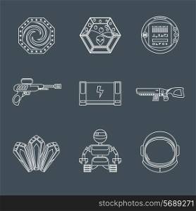 Space computer mobile phone game play elements outline icons set isolated vector illustration