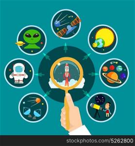 Space Concept Illustration. Space concept with solar system spaceship and research symbols flat vector illustration