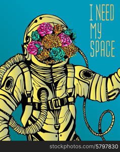 Space concept with astronaut, Quote Background and flowers, typography. Cosmic poster