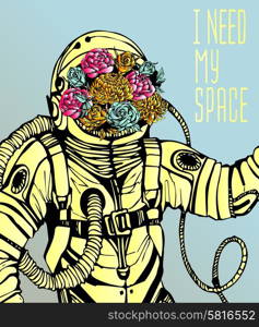 Space concept with astronaut, Quote Background and flowers, typography. Cosmic poster