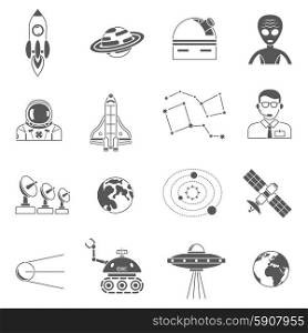 Space cosmos black icons set. Space research science symbols and phenomena black icons set with abstract with lunar walker isolated vector illustration