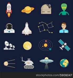 Space cosmos flat icons set. Space universe symbols flat icons set with cosmonaut satellite spacecraft and alien visitor abstract isolated vector illustration
