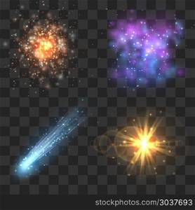 Space cosmos objects, comet, meteor, stars explosion on transparence checkered background. Space cosmos objects, comet, meteor, stars explosion on transparence checkered background. Universe explosion or fly star, meteor light and asteroid in universe. Vector illustration
