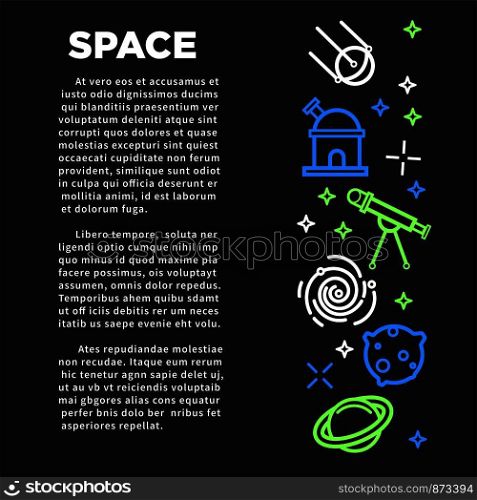 Space dark banner with neon cosmos themed sketches. Artificial satellite, powerful telescope and observatory, round asteroid and Saturn with rings cartoon flat outline vector illustrations on black.. Space dark banner with neon cosmos themed sketches