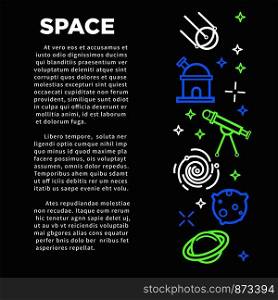 Space dark banner with neon cosmos themed sketches. Artificial satellite, powerful telescope and observatory, round asteroid and Saturn with rings cartoon flat outline vector illustrations on black.. Space dark banner with neon cosmos themed sketches