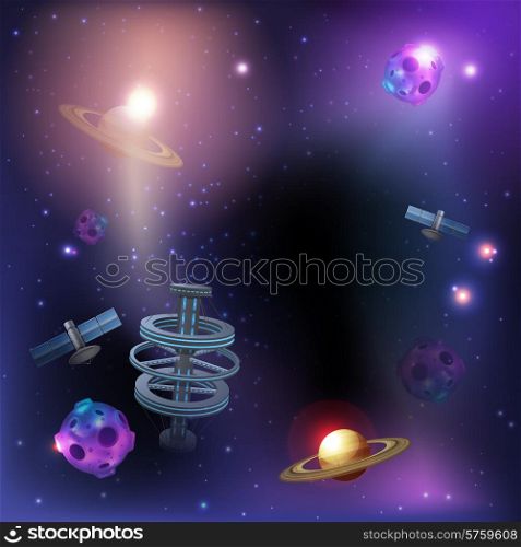 Space dark poster with realistic rocket ufo satellite and stars on background vector illustration