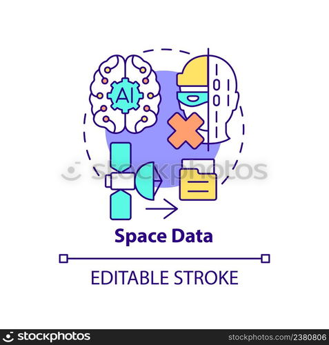 Space data concept icon. Information database management. Spacetech trend abstract idea thin line illustration. Isolated outline drawing. Editable stroke. Arial, Myriad Pro-Bold fonts used. Space data concept icon