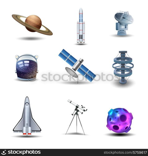 Space decorative icons set with asteroid spaceman helmet rocket isolated vector illustration. Space Icons Set