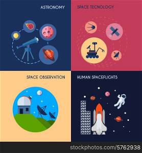 Space design concept set with astronomy technology and observation human spaceflights flat icons isolated vector illustration
