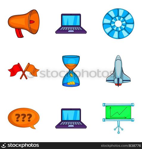 Space development icons set. Cartoon set of 9 space development vector icons for web isolated on white background. Space development icons set, cartoon style