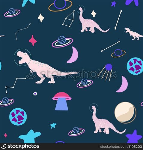 Space dino girl seamless pattern on blue. Wild galaxy monster endless design. Joyous reptile astronaut and planets decor for textile, paper, web, wallpaper. Vector illustration in flat cartoon style.. Space dino girl seamless pattern on blue.