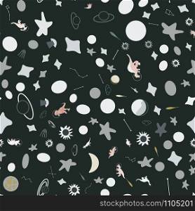 Space dino seamless pattern on black. Cute wild galaxy monster endless design. Joyous reptile astronaut and planets decor for textile, paper, web, wallpaper. Vector illustration in flat cartoon style.. Space dino seamless pattern on black.