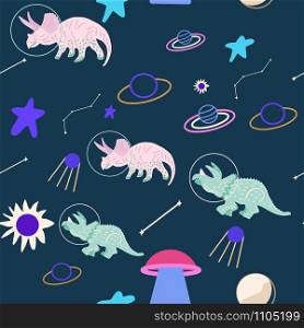 Space dino seamless pattern on blue. Cute wild galaxy monster endless design. Joyous reptile astronaut and planets decor for textile, paper, web, wallpaper. Vector illustration in flat cartoon style.. Space dino seamless pattern on blue