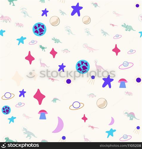 Space dino seamless pattern on cream color. Cute wild galaxy monster endless design. Joyous reptile astronaut and planets decor for textile, paper, web, wallpaper. Vector illustration in flat cartoon style.. Space dino seamless pattern on cream color.