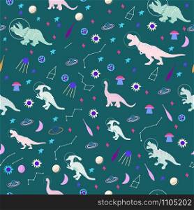 Space dino seamless pattern on teal. Cute wild galaxy monster endless design. Joyous reptile astronaut and planets decor for textile, paper, web, wallpaper. Vector illustration in flat cartoon style.. Space dino seamless pattern on teal.