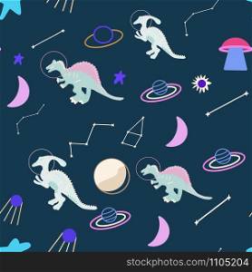 Space dinosaur seamless pattern on blue. Wild galaxy monster endless design. Joyous reptile astronaut and planets decor for textile, paper, web, wallpaper. Vector illustration in flat cartoon style.. Space dinosaur seamless pattern on blue.