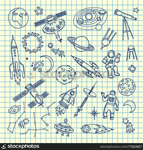 Space doodle elements. Vector hand drawn space shuttle and meteor elements on cell sheet illustration. Space doodle elements. Vector hand drawn space shuttle elements