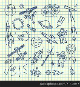 Space doodle elements. Vector hand drawn space shuttle and meteor elements on cell sheet illustration. Space doodle elements. Vector hand drawn space shuttle elements