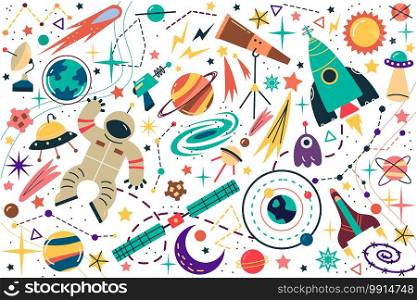 Space doodle set. Collection science fiction drawing of astronaut with spacesuit planets and stars with meteors and rockets. Universe or galaxy earth and mars abstract vector illustration.. Space doodle set