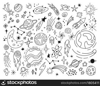 Space doodles, cute stars and planets sketch drawings. Hand drawn spaceship, ufo, planet, galaxy, moon, asteroid. Astrology doodle vector set. Celestial bodies, astronomy science objects. Space doodles, cute stars and planets sketch drawings. Hand drawn spaceship, ufo, planet, galaxy, moon, asteroid. Astrology doodle vector set